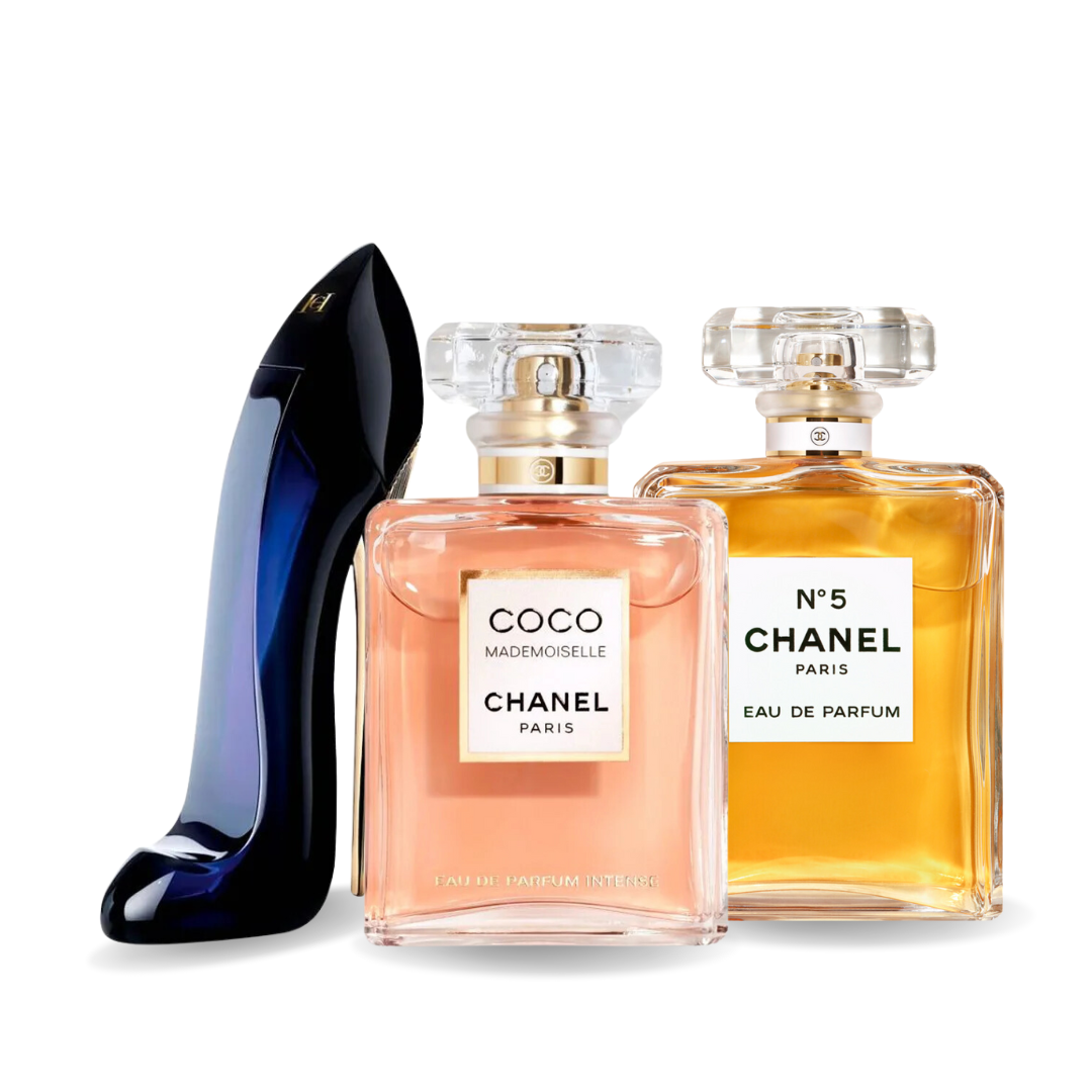 Combo promocional de 3 perfumes GOOD GIRL, COCO MADEMOISELLE y Chanel Nº5 100ml