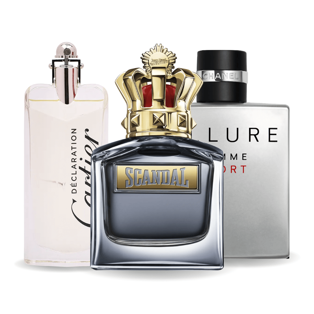 Combo promocional de 3 perfumes Allure Homme Sports, Jean Paul Gaultier Scandal, y Cartier Declaration 100ml