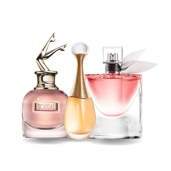 Combo promocional de 3 perfumes SCANDAL, J'ADORE y LA VIE EST BELLE 100ml