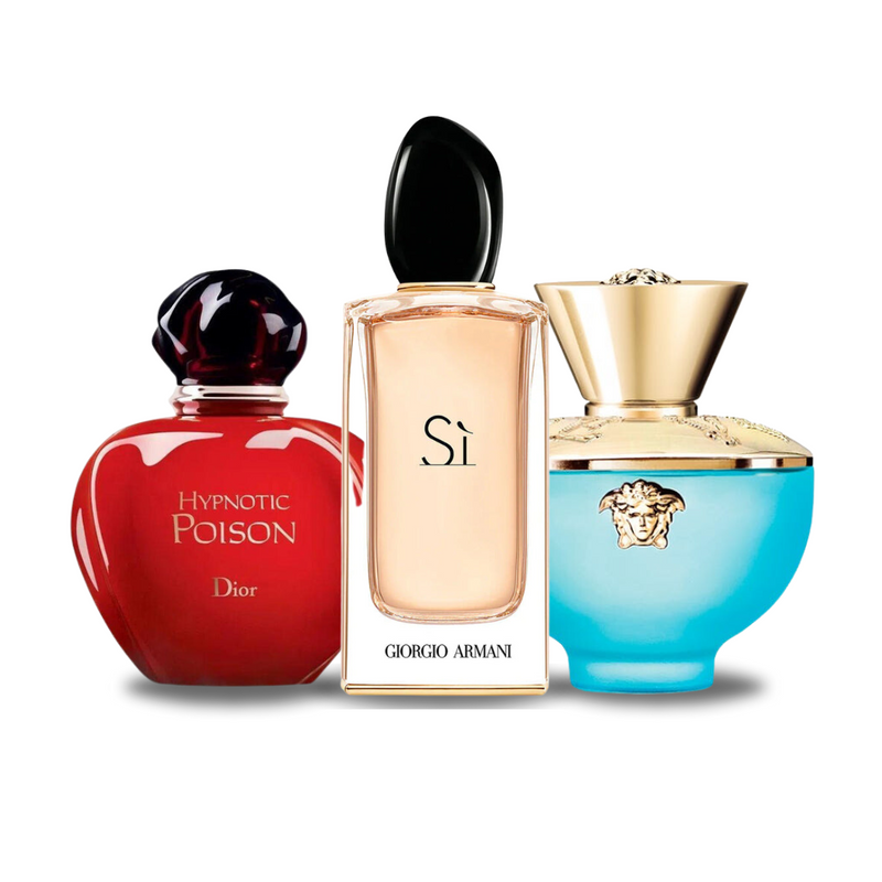 Combo promocional de 3 perfumes Dior HYPNOTIC POISON, Giorgio Armani SÌ y Versace DYLAN TURQUOISE 100ml